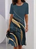Women Abstract Short Sleeve Summer Printing Dress Crew Neck Daily Vintage Midi Tunic H-Line Dress