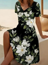 Women Floral Short Sleeve Summer Printing Dress V Neck Daily Casual Midi Fit & Flare Dress A-Line Dress