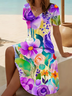 Women Floral Short Sleeve Summer Printing Dress V Neck Daily Casual Midi Fit & Flare Dress A-Line Dress