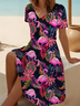 Women Flamingo Short Sleeve Summer Printing Dress V Neck Daily Casual Midi Fit & Flare Dress A-Line Dress