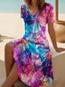 Women Floral Short Sleeve Summer Printing Dress V Neck Daily Casual Midi Fit & Flare Dress A-Line Dress