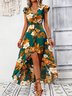 Women Plain Short Sleeve Summer Printing Dress V Neck Ruffle Sleeve Daily Vintage Maxi Tank A-Line Dress