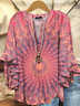 Women Tie-Dye Pattern Half Sleeve Shirt Summer Printing V Neck Daily Casual Top