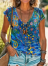 Women Abstract Short Sleeve Tee T-shirt V Neck Printing Casual Summer Graphic Tee Top