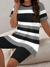 Women Striped Printing Two-Piece Set Daily Short Sleeve Casual Summer Top With Pants Matching Set