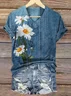 Women Floral Short Sleeve Tee T-shirt V Neck Printing Casual Summer Graphic Tee Top
