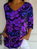 Women Floral Three Quarter Sleeve Tee T-shirt V Neck Printing Casual Spring/Fall Graphic Tee Top