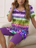 Women Floral Printing Two-Piece Set Daily Short Sleeve Casual Summer Top With Pants Matching Set