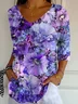 Women Floral Three Quarter Sleeve Tee T-shirt V Neck Printing Casual Spring/Fall Graphic Tee Top