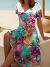Women Floral Short Sleeve Summer Printing Dress V Neck Daily Casual Midi Fit & Flare Dress A-Line Dress