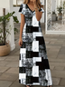 Women Abstract Plaid Short Sleeve Summer Printing Dress V Neck Daily Casual Maxi X-Line Dress