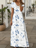 Women Floral Short Sleeve Summer Printing Dress V Neck Daily Casual Maxi X-Line Dress