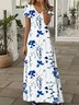 Women Floral Short Sleeve Summer Printing Dress V Neck Daily Casual Maxi X-Line Dress