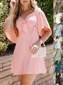 Women Plain Short Sleeve Summer Split Joint Dress V Neck Dolman Sleeve Daily Vintage Midi Ruffle Skirt A-Line Dress