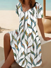 Women Leaf Short Sleeve Summer Printing Dress V Neck Daily Casual Midi Fit & Flare Dress A-Line Dress