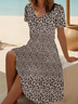 Women Floral Short Sleeve Summer Printing Dress V Neck Daily Casual Midi Fit & Flare Dress A-Line Dress