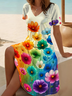 Women Floral Short Sleeve Summer Printing Dress V Neck Daily Casual Midi Fit & Flare Dress A-Line Dress