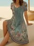 Women Floral Short Sleeve Summer Printing Dress V Neck Daily Casual Midi Fit & Flare Dress A-Line Dress