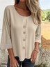 Women Plain Three Quarter Sleeve Shirt Spring/Fall Split Joint Crew Neck Daily Casual Top