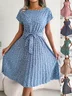 Women Floral Short Sleeve Summer Printing Dress Crew Neck Daily Vintage Midi Tank A-Line Dress