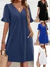 Women Plain Short Sleeve Summer Dress V Neck Daily Casual Midi Fit & Flare Dress A-Line Dress