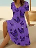 Women Butterfly Short Sleeve Summer Printing Dress V Neck Daily Casual Midi Fit & Flare Dress A-Line Dress