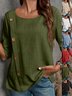 Women Plain Half Sleeve Blouse Summer Split Joint Crew Neck Daily Casual Top