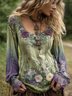 Women Floral Long Sleeve Tee T-shirt Square Neck Casual Spring/Fall Top
