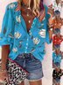 Women Floral Three Quarter Sleeve Shirt Spring/Fall Printing Stand Collar Balloon Sleeve Daily Vintage Top