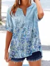Women Floral Short Sleeve Shirt Summer Printing V Neck Daily Casual Top