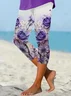 Women Floral Capris Elastic Waist Pants Casual Summer Trousers