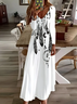 Women Ethnic Long Sleeve Spring/Fall Printing Dress V Neck Daily Casual Maxi H-Line Dress