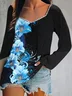 Women Geometric Long Sleeve Tee T-shirt Square Neck Printing Vintage Spring/Fall Top