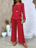 Women Plain Printing Two-Piece Set Daily Long Sleeve Casual Spring/Fall Top With Pants Matching Set