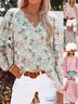 Women Floral Long Sleeve Shirt Spring/Fall Printing V Neck Balloon Sleeve Daily Casual Top