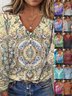 Women Geometric Long Sleeve Tee T-shirt V Neck Printing Vintage Spring/Fall Top