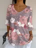Women Floral Three Quarter Sleeve Tee T-shirt V Neck Printing Casual Spring/Fall Graphic Tee Top