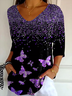 Women Butterfly Three Quarter Sleeve Tee T-shirt V Neck Printing Casual Spring/Fall Graphic Tee Top