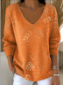 Women Floral Spring/Fall Casual Long Sleeve V Neck Cotton Sweater