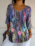 Women Floral Three Quarter Sleeve Tee T-shirt V Neck Printing Casual Spring/Fall Graphic Tee Top