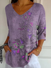 Women Floral Three Quarter Sleeve Tee T-shirt V Neck Printing Casual Spring/Fall Graphic Tee Top