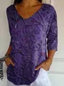 Women Floral Three Quarter Sleeve Tee T-shirt V Neck Printing Casual Spring/Fall Graphic Tee Top