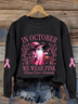 Women Halloween Spooky Text Letter We Are Pink Ribbon Print Crew Neck Spring/Fall Long Sleeve Sweatshirt