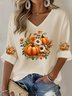 Women Halloween (pumpkin) Three Quarter Sleeve Tee T-shirt V Neck Vintage Spring/Fall Top