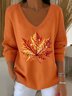 Women Maple Leaf Spring/Fall Casual Long Sleeve V Neck Cotton Sweater