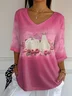 Women Halloween Pumpkin Pink Floral Three Quarter Sleeve Tee T-shirt V Neck Printing Festival Spring/Fall Graphic Tee Top