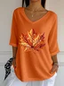 Women Maple Leaf Three Quarter Sleeve Tee T-shirt V Neck Printing Casual Spring/Fall Graphic Tee Top