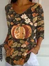 Women Halloween Pumpkin Floral Print Three Quarter Sleeve Tee T-shirt V Neck Festival Spring/Fall Graphic Tee Top