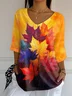 Women Maple Leaf Three Quarter Sleeve Tee T-shirt V Neck Printing Casual Spring/Fall Graphic Tee Top