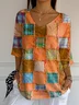 Women Halloween Color Block Plaid Orange Three Quarter Sleeve Tee T-shirt V Neck Printing Festival Spring/Fall Graphic Tee Top